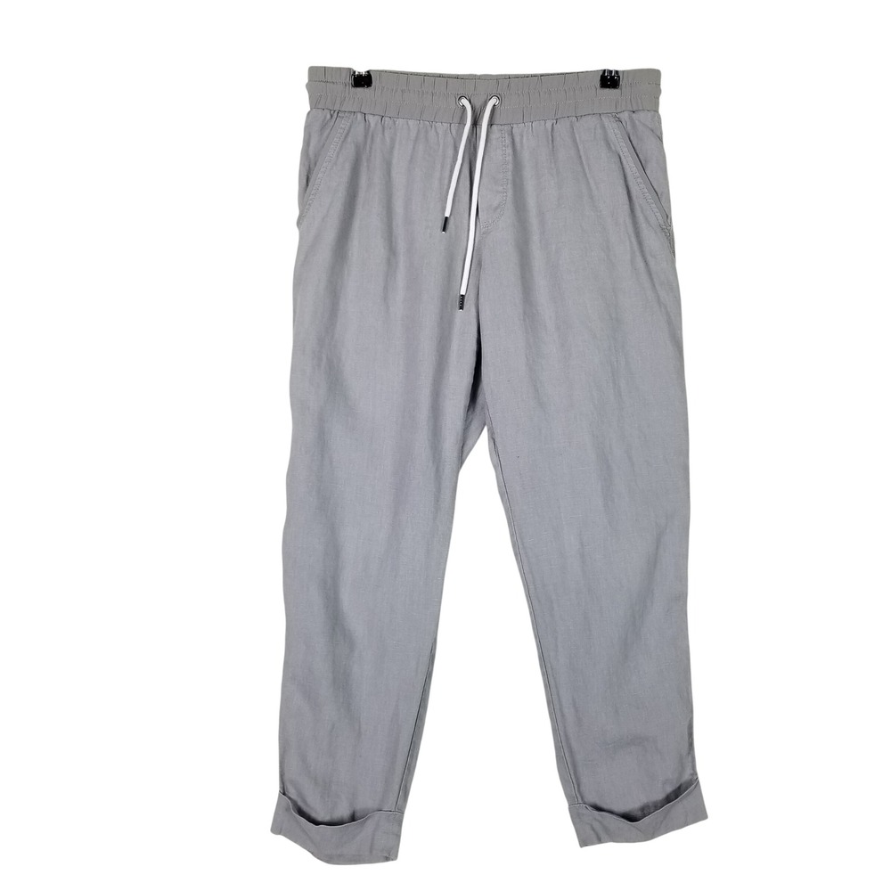Athleta Linen Jogger Pants Women 10 Gray Cuffed Drawstring Casual Relaxed Fit